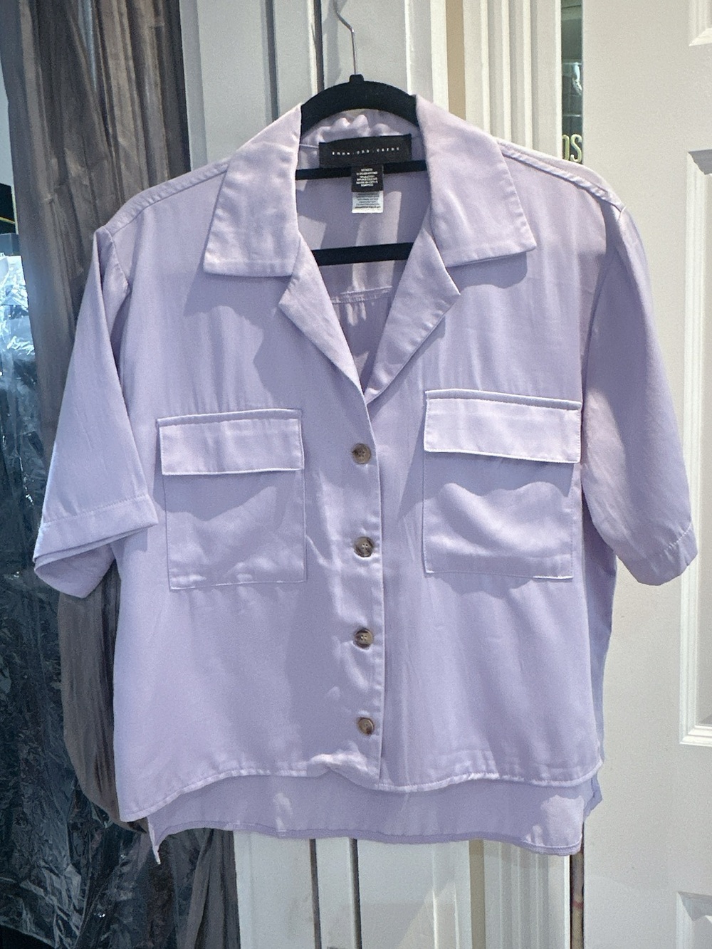 Lavender Purple Oversized Boxy Top Short-Sleeve Button Up Blouse Lightweight